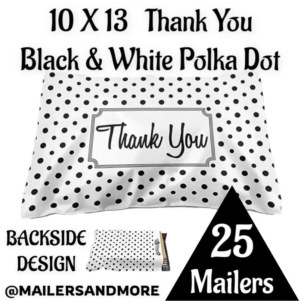 25 10X13 Poly Mailers White & Black Polka Dot, - Picture 2 of 4